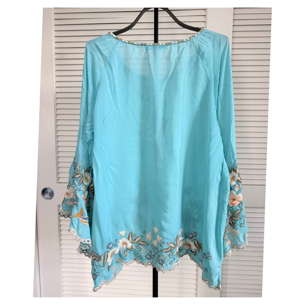 Johnny Was Turquoise  Embroidered Bell Sleeve Blouse Size XL Blue Whimsical Boho - Picture 3 of 6